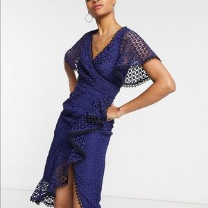 ASOS Design Navy Flutter Sleeve Midi Dresd